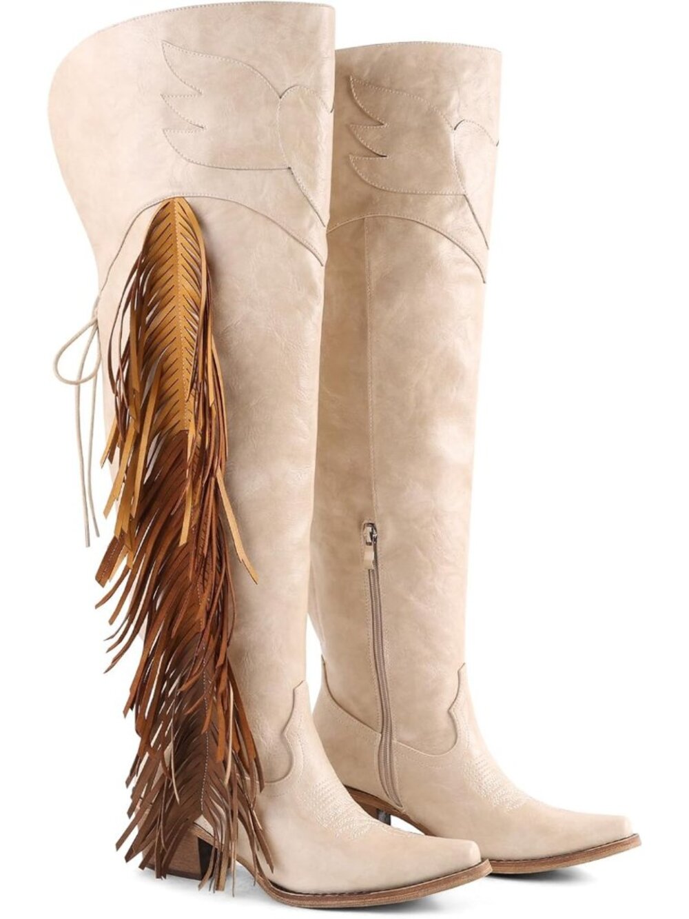 〽️Women's Knee-Calf Faux Fur Boots Beige Faux Leather Furry Heel Pointed Toe